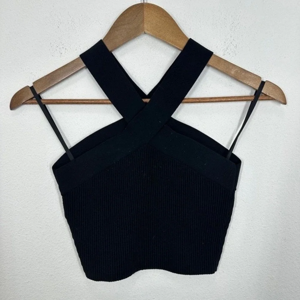 Babaton Black Ribbed Sculpt Knit Crisscross Halter Crop‎ Top Size S - Picture 5 of 8